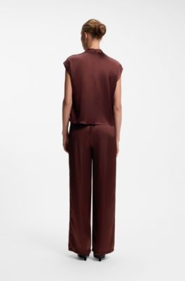 Satin top with draped neckline, Brown