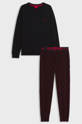 Stretch-cotton pyjama set with logo details, Black