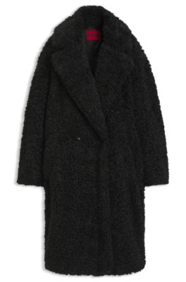 Oversized-fit teddy coat with double-breasted closure, Black