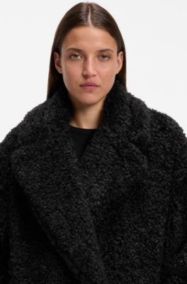 Oversized-fit teddy coat with double-breasted closure, Black