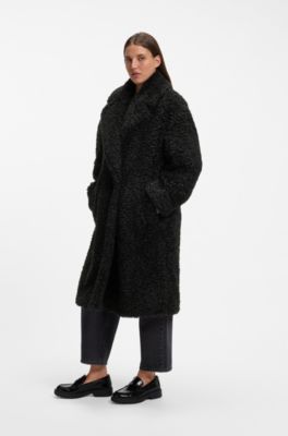 Cappotto oversize in peluche con chiusura doppiopetto, Nero
