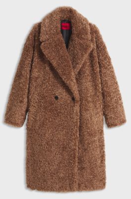 Oversized-fit teddy coat with double-breasted closure, Brown