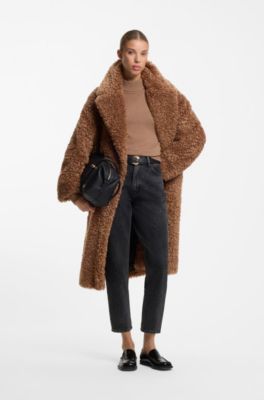 Oversized-fit teddy coat with double-breasted closure, Brown