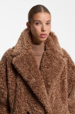 Oversized-fit teddy coat with double-breasted closure, Brown