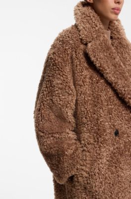 Oversized-fit teddy coat with double-breasted closure, Brown