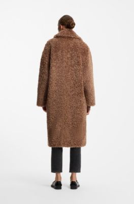 Oversized-fit teddy coat with double-breasted closure, Brown