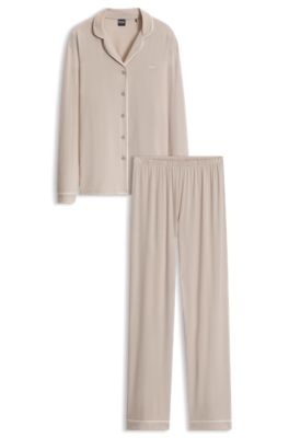 Stretch-jersey pajama set with embroidered logo, Light Beige