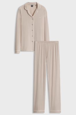 Stretch-jersey pajama set with embroidered logo, Light Beige