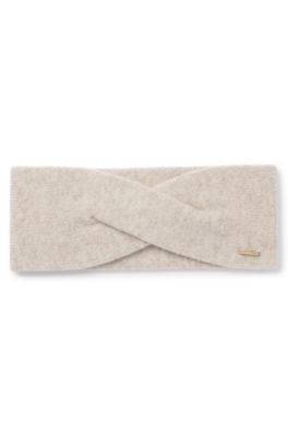 Knitted cashmere-blend headband with metal logo, Light Beige