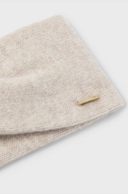 Knitted cashmere-blend headband with metal logo, Light Beige