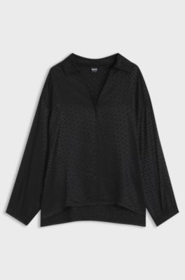 Pyjama top in satin with all-over monogram pattern, Black