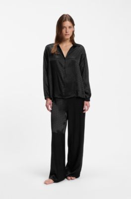 Pyjama top in satin with all-over monogram pattern, Black