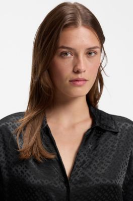 Pyjama top in satin with all-over monogram pattern, Black