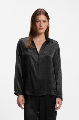 Pyjama top in satin with all-over monogram pattern, Black