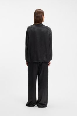 Pyjama top in satin with all-over monogram pattern, Black
