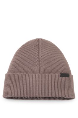 Rib-knit beanie in cotton with woven logo label, Brown