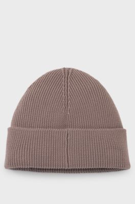 Rib-knit beanie in cotton with woven logo label, Brown