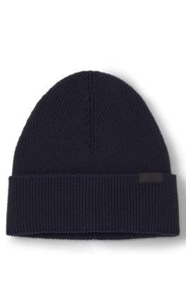 Rib-knit beanie in cotton with woven logo label, Dark Blue