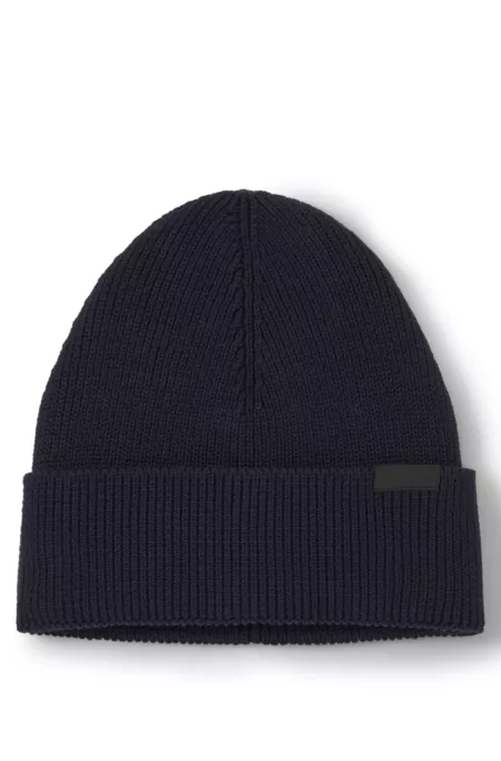 Rib-knit beanie in cotton with woven logo label
