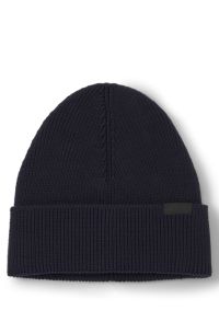 Rib-knit beanie in cotton with woven logo label, Dark Blue