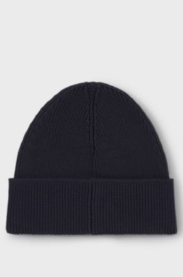 Rib-knit beanie in cotton with woven logo label, Dark Blue