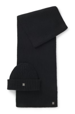 Hat and scarf set with metal logo detail, Black