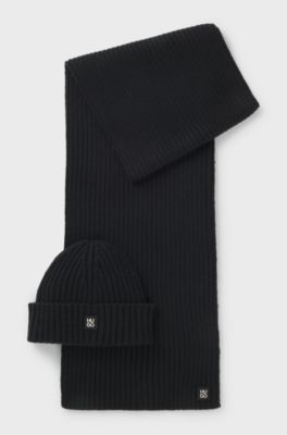 Hat and scarf set with metal logo detail, Black