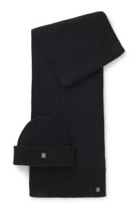 Hat and scarf set with metal logo detail, Black