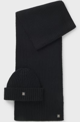 Hat and scarf set with metal logo detail, Black