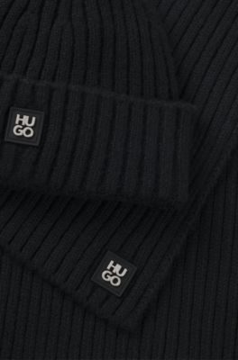 Hat and scarf set with metal logo detail, Black