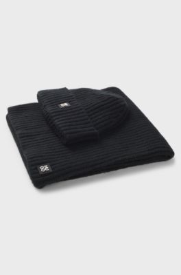 Hat and scarf set with metal logo detail, Black