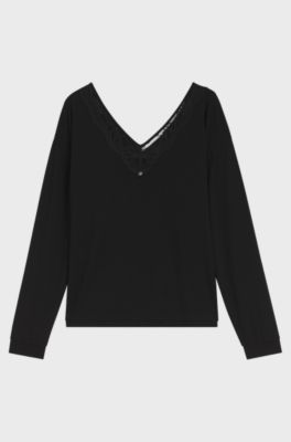 Long-sleeved pyjama top with lace neckline, Black