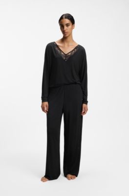 Long-sleeved pyjama top with lace neckline, Black
