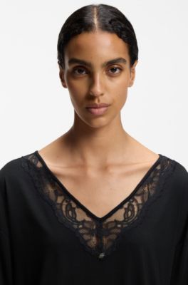 Long-sleeved pyjama top with lace neckline, Black