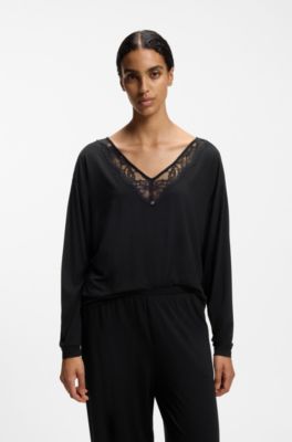 Long-sleeved pyjama top with lace neckline, Black