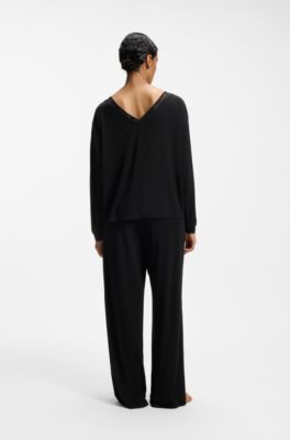 Long-sleeved pyjama top with lace neckline, Black
