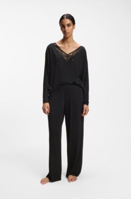Pyjama bottoms with lace-trimmed pockets, Black