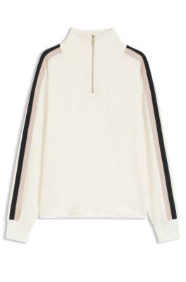 Zip-neck sweatshirt with signature-stripe sleeve detail, White