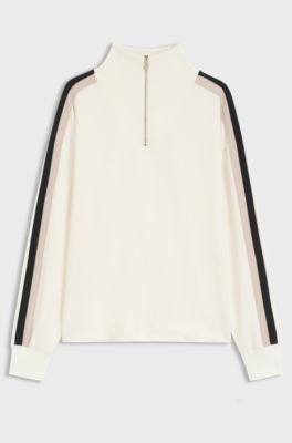 Zip-neck sweatshirt with signature-stripe sleeve detail, Natural