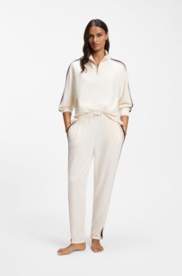 Zip-neck sweatshirt with signature-stripe sleeve detail, Natural