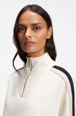 Zip-neck sweatshirt with signature-stripe sleeve detail, Natural