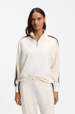 Zip-neck sweatshirt with signature-stripe sleeve detail, Natural