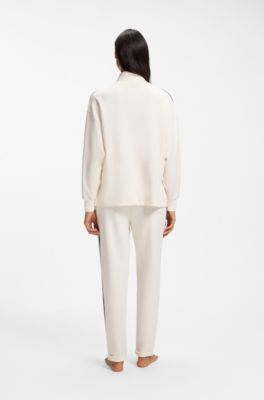 Zip-neck sweatshirt with signature-stripe sleeve detail, Natural
