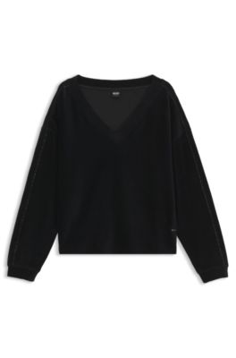 V-neck sweatshirt in ribbed velour with satin piping, Black