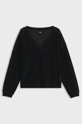 V-neck sweatshirt in ribbed velour with satin piping, Black
