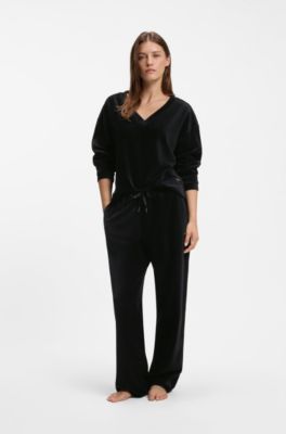 V-neck sweatshirt in ribbed velour with satin piping, Black