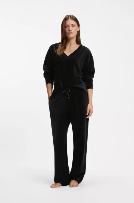 V-neck sweatshirt in ribbed velour with satin piping