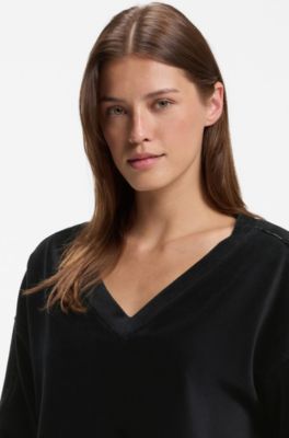 V-neck sweatshirt in ribbed velour with satin piping, Black