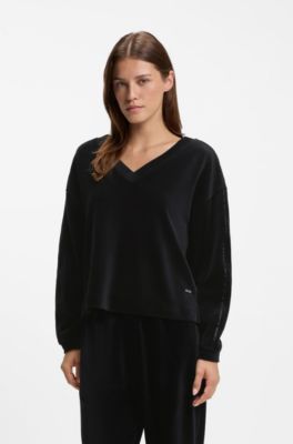 V-neck sweatshirt in ribbed velour with satin piping, Black