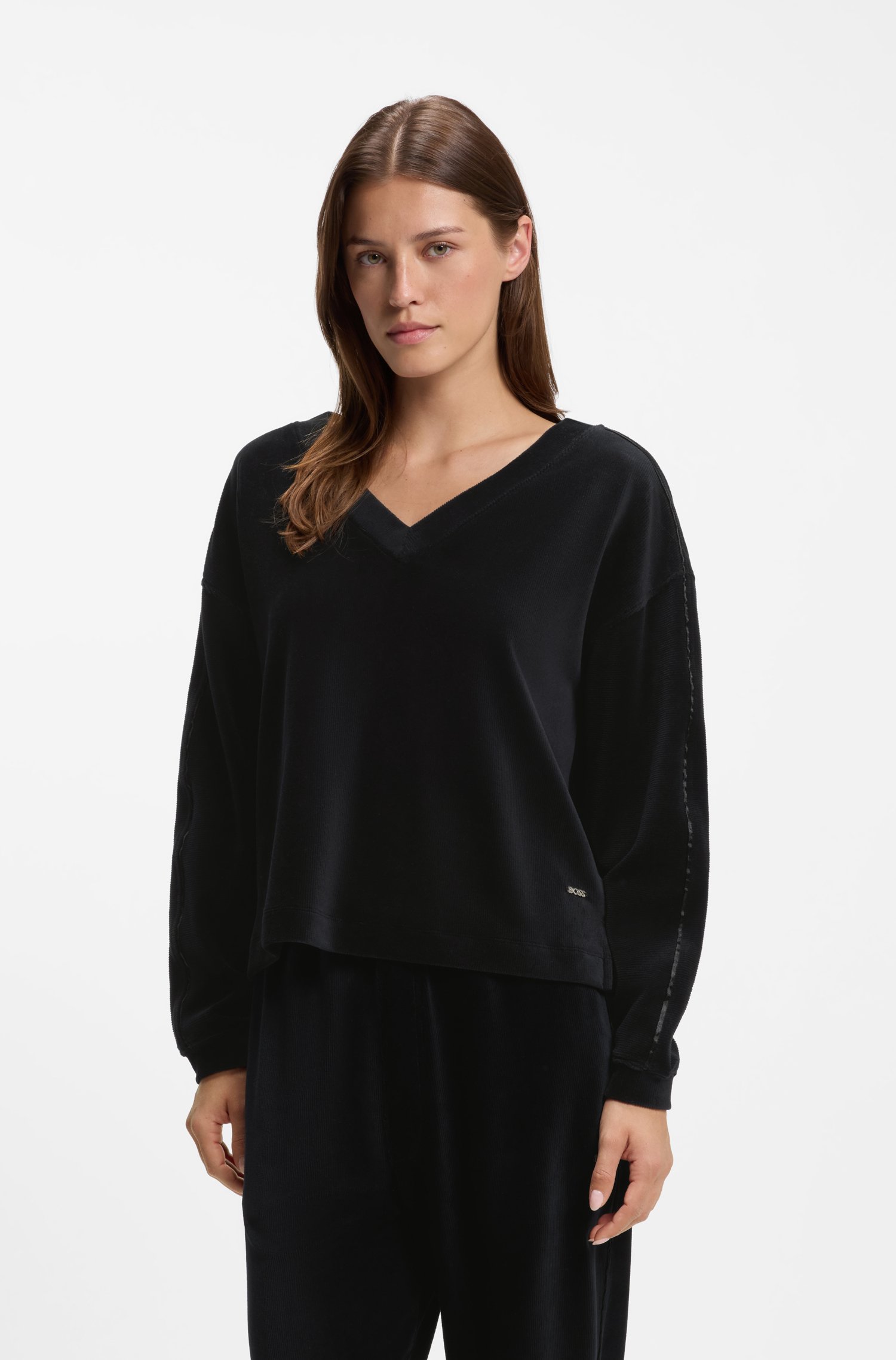 Boss V-neck sweatshirt in ribbed velour with satin piping dam